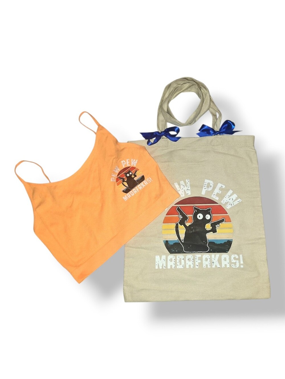 Orange Crop Top and Tote Set with Cat Graphic
